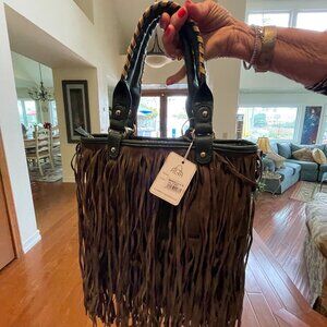 Olive green leather handbag with long fringe ALFA BAGS